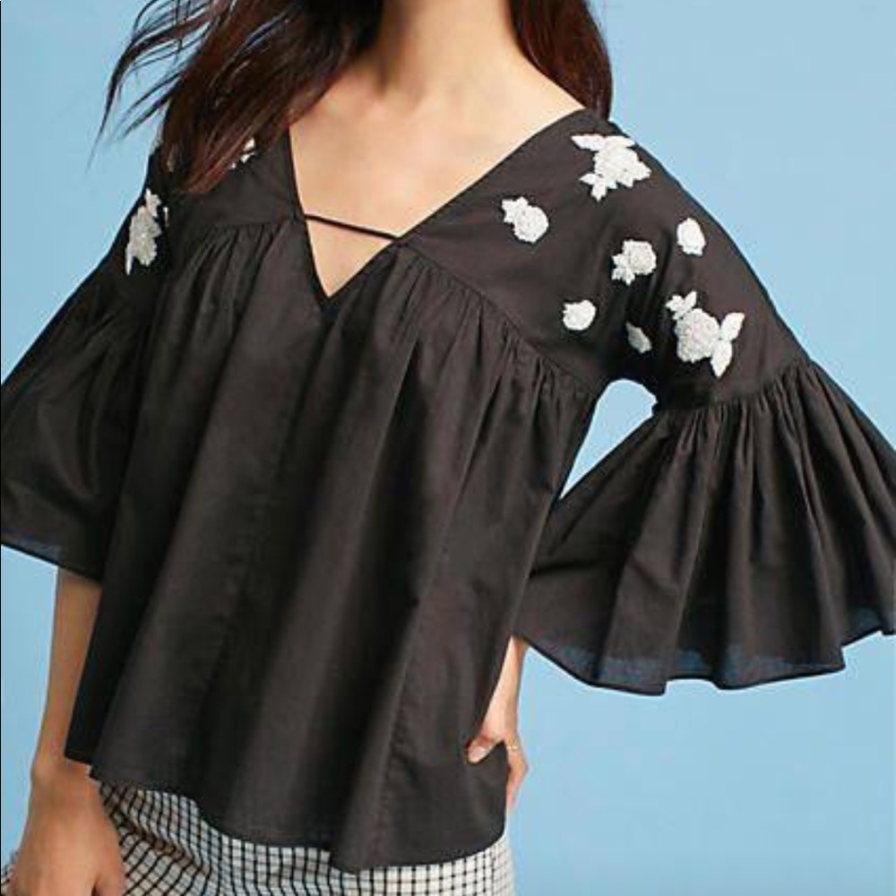 Anthropologie Harlow Embroidered V-Neck Pullover